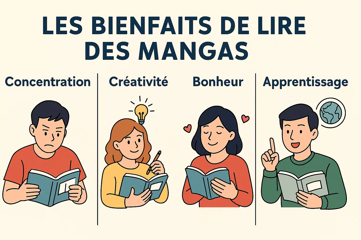 Infographie en français illustrant les bienfaits de lire des mangas : amélioration de la concentration, stimulation de la créativité, augmentation du bonheur et apprentissage culturel.