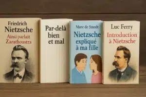 Quatre livres sur Nietzsche posés sur une table en bois, incluant Ainsi parlait Zarathoustra, Par-delà bien et mal, Nietzsche expliqué à ma fille et Introduction à Nietzsche