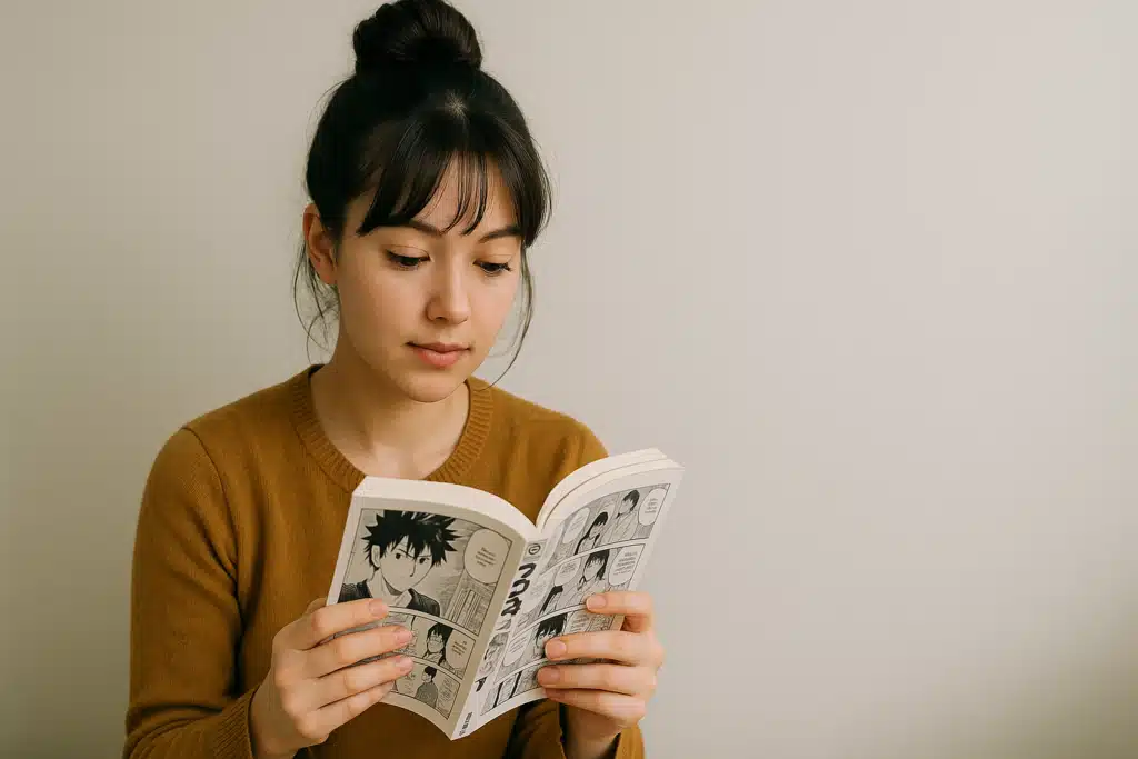 <img src="jeune-femme-lisant-manga-horizontal.jpg" alt="Jeune femme brune au chignon lisant un manga en format papier, concentrée sur sa lecture, ambiance cosy" />