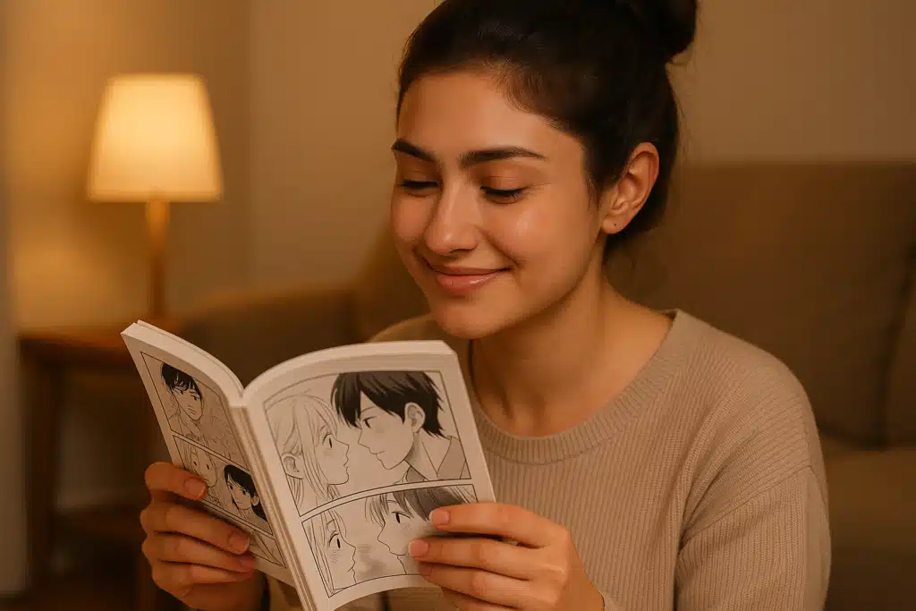 Jeune femme brune avec un chignon lisant un manga romantique dans une ambiance cosy