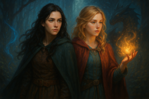 Deux héroïnes lesbiennes dans une forêt enchantée, l’une brune en manteau vert et l’autre blonde en manteau rouge tenant une flamme magique, avec un dragon en arrière-plan – illustration de roman fantastique lesbien.