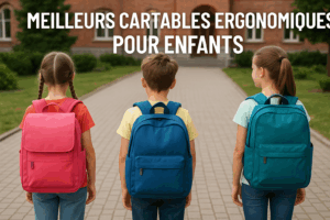 Trois enfants portant des cartables ergonomiques colorés devant une école, sélection des meilleurs modèles confortables pour élèves du primaire.