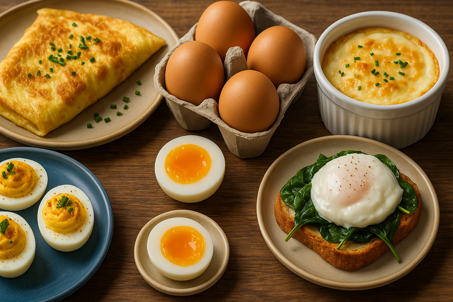 Assortiment de recettes à base d'œufs incluant omelette moelleuse, œufs mollets, œuf cocotte gratiné, œufs mimosa et œuf poché sur toast aux épinards