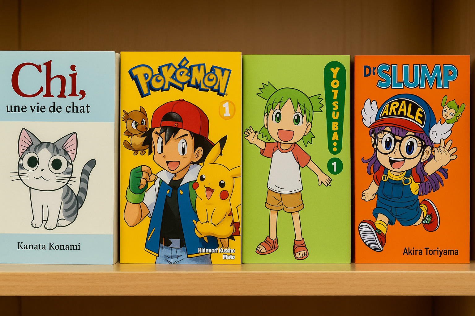 Quatre mangas adaptés aux enfants et pré-ados : Chi une vie de chat, Pokémon, Yotsuba, et Dr Slump, posés sur une étagère en bois