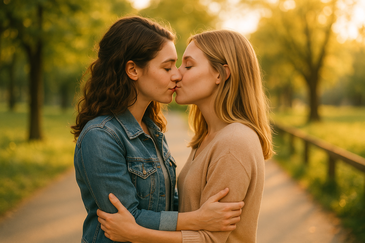 Deux jeunes femmes amoureuses s’embrassent tendrement dans un parc au coucher du soleil – image romantique illustrant les meilleurs romans d’amour lesbien.