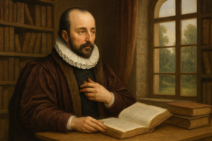 Portrait de Michel de Montaigne, philosophe humaniste du XVIe siècle, méditant dans sa bibliothèque avec un livre ouvert, symbole de sagesse et de bonheur intérieur