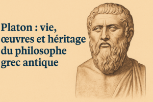 Portrait dessiné de Platon, philosophe grec antique, avec titre Vie, œuvres et héritage, fond beige