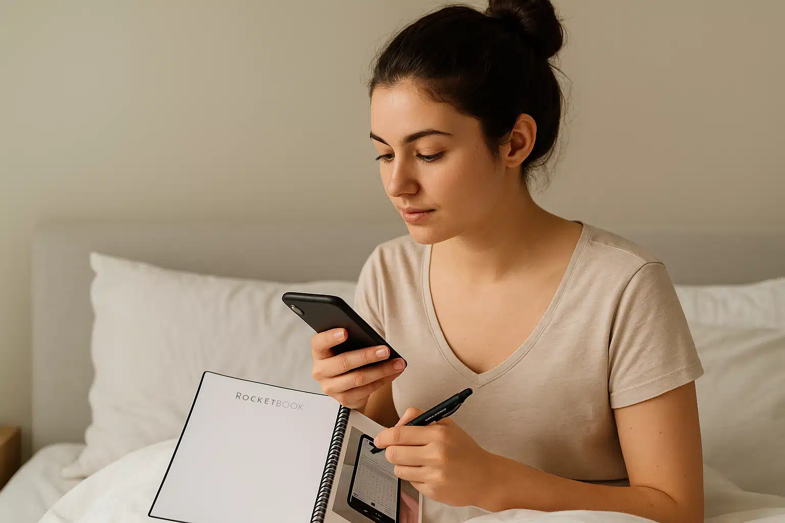 Jeune femme brune avec un chignon qui écrit dans un carnet réutilisable Rocketbook au lit et scanne la page avec son smartphone