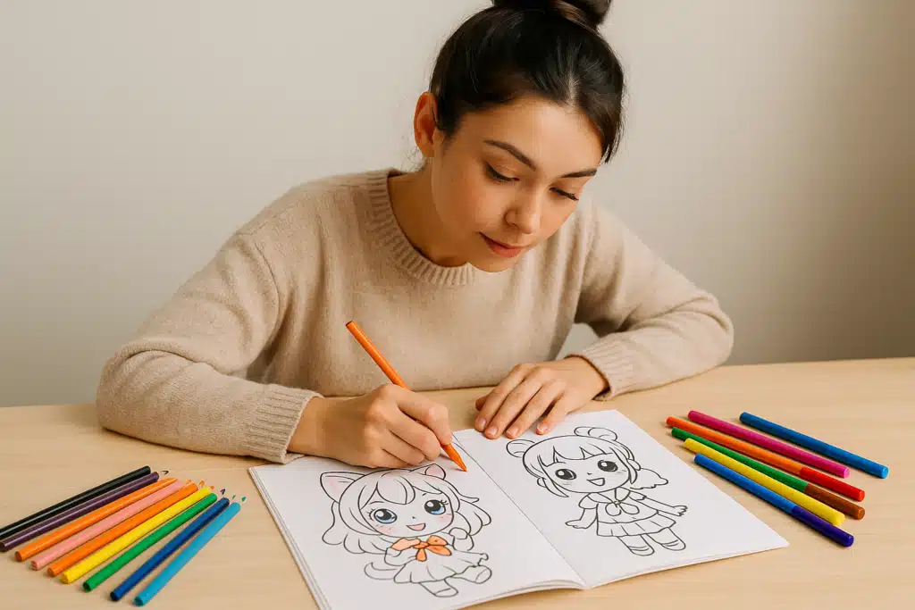"Jeune femme brune avec un chignon qui colorie un livre de coloriage manga kawaii avec des crayons de couleur sur une table"