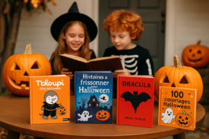 Sélection de livres Halloween pour enfants et adultes avec albums jeunesse, histoires effrayantes, Dracula et coloriages, entourés de citrouilles et costumes festifs