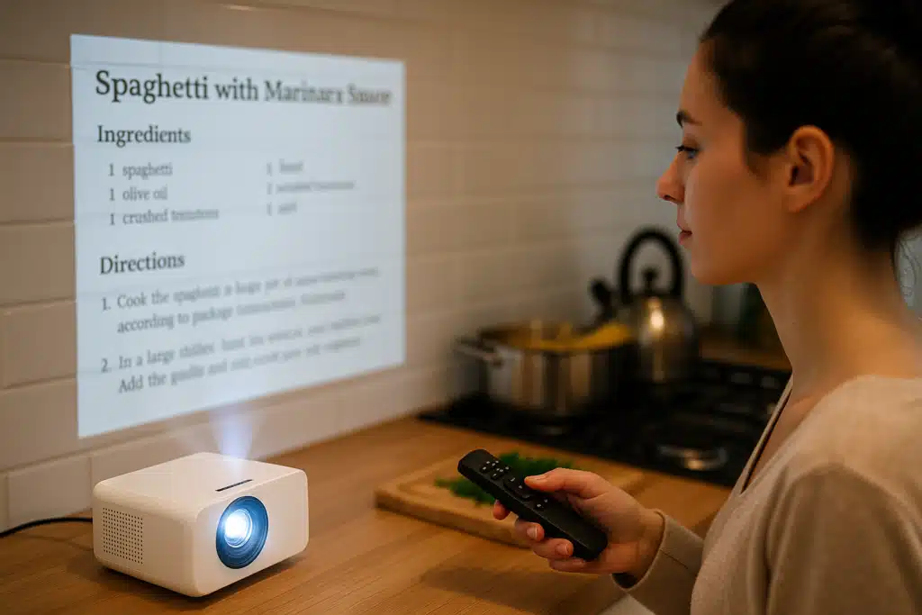 "Jeune femme brune avec un chignon qui cuisine en suivant une recette projetée par un mini projecteur portable Amazon" 