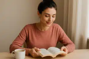 Jeune femme brune lisant un livre au petit matin, tasse à la main, dans une ambiance apaisante et lumineuse.