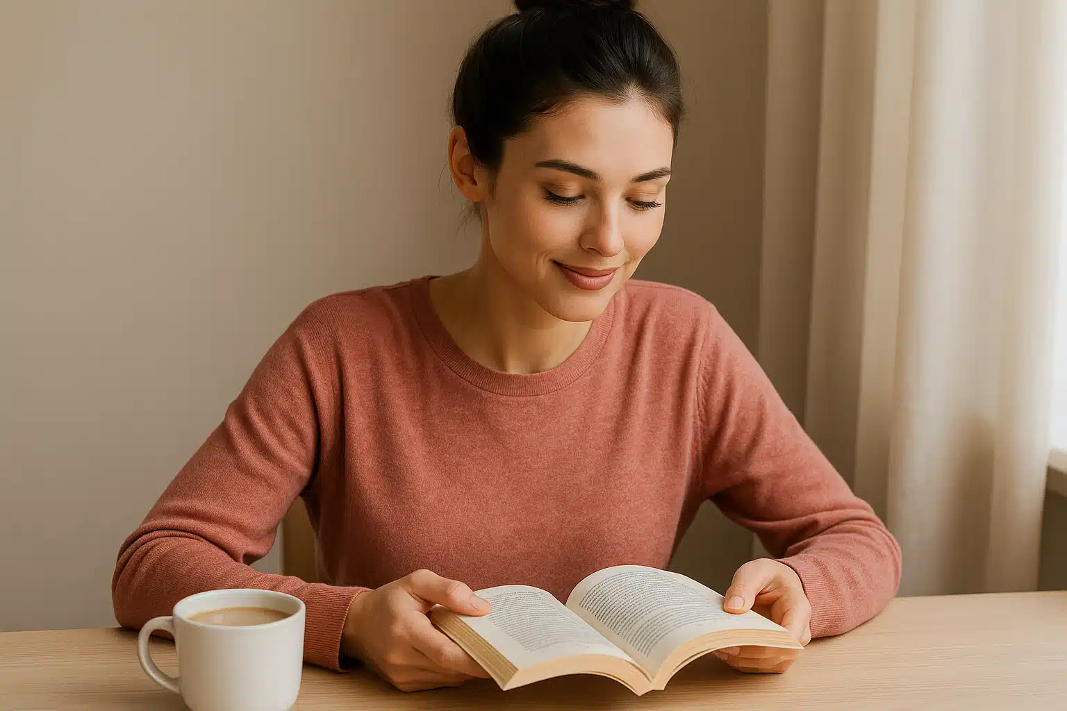 Jeune femme brune lisant un livre au petit matin, tasse à la main, dans une ambiance apaisante et lumineuse.