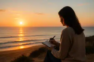 Alt-text : Femme écrivant dans un carnet face au lever du soleil au bord de l’océan, symbolisant la résilience et la reconstruction intérieure.
