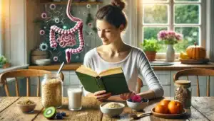 Femme lisant un livre sur le microbiote intestinal à table, avec aliments bénéfiques pour l’intestin (yaourt, kéfir, fruits, céréales) en lumière naturelle.