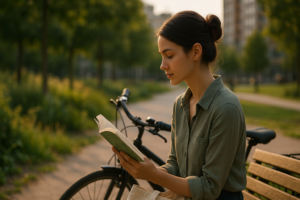 Jeune femme brune au chignon lisant un livre de Fabrice Nicolino dans un parc urbain, ambiance éco-citoyenne et nature en ville