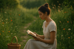 Jeune femme brune au chignon lisant un livre de Gilles Clément dans un jardin en mouvement, entourée de fleurs et d’herbes sauvages