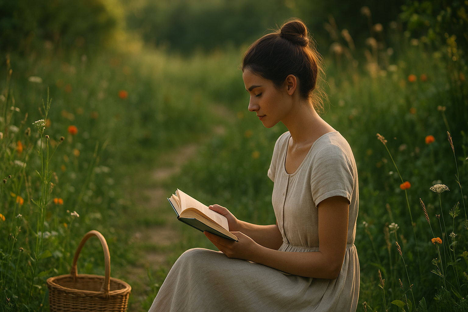 Jeune femme brune au chignon lisant un livre de Gilles Clément dans un jardin en mouvement, entourée de fleurs et d’herbes sauvages