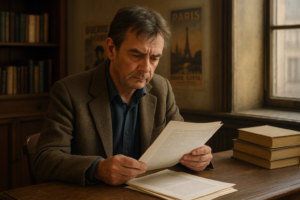 Pierre Lemaitre à son bureau, relisant des pages manuscrites, lumière parisienne et décor vintage