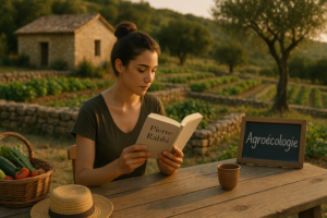 Jeune femme brune au chignon lisant un livre de Pierre Rabhi dans un jardin naturel, ambiance douce et écologique au coucher du soleil