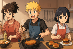 Trois personnages style manga cuisinent : ramen, katsudon et dorayaki dans une cuisine lumineuse"