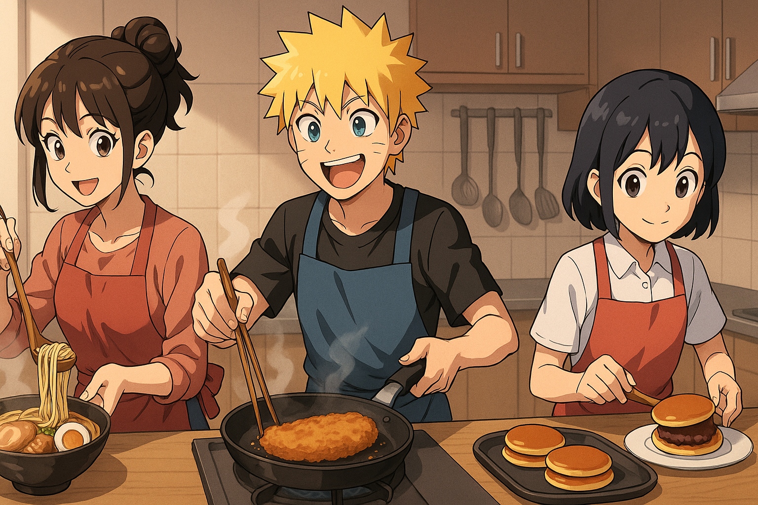 Trois personnages style manga cuisinent : ramen, katsudon et dorayaki dans une cuisine lumineuse"