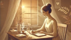 "Jeune femme brune avec chignon écrivant dans un journal, lumière dorée, ambiance calme et introspective