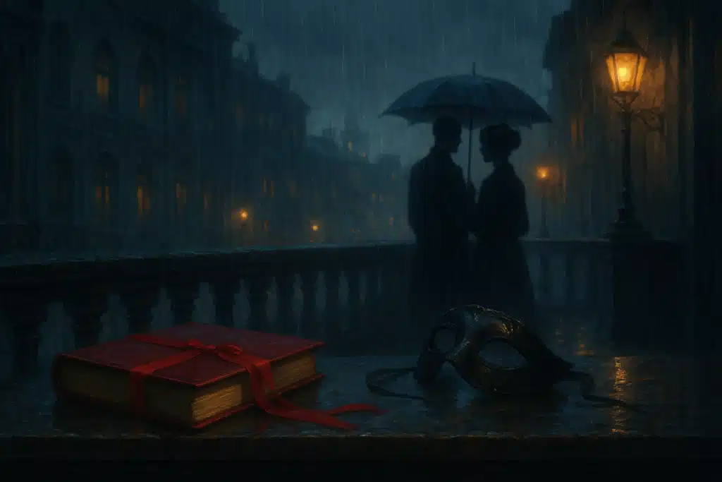 Scène dark romance sur un balcon sous la pluie, un couple en silhouette sous un parapluie avec un livre rouge et un masque posés au premier plan