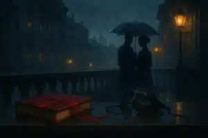 Scène dark romance sur un balcon sous la pluie, un couple en silhouette sous un parapluie avec un livre rouge et un masque posés au premier plan
