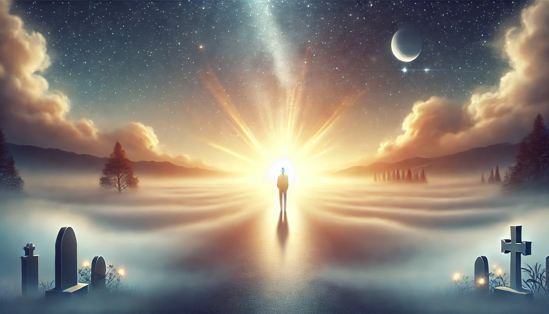 "Silhouette avançant vers une lumière douce dans un paysage brumeux symbolisant une expérience de mort imminente"