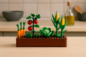 Set LEGO décoratif pour adultes représentant un potager avec carottes, tomates, chou et maïs dans une cuisine moderne.