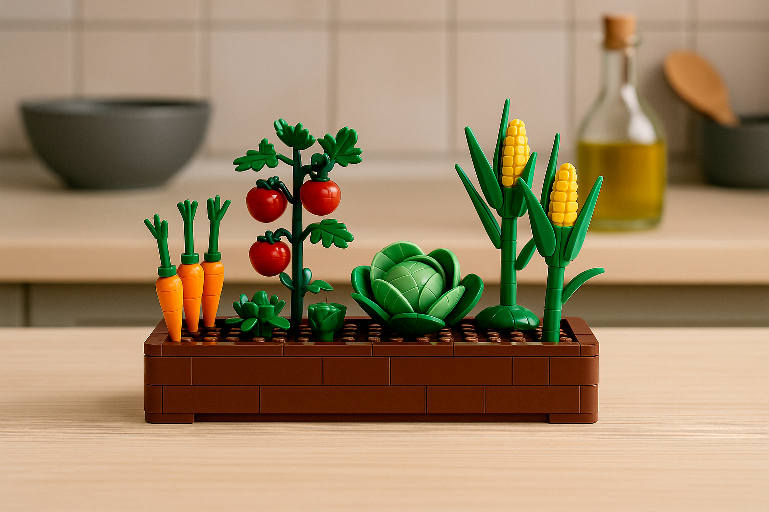 Set LEGO décoratif pour adultes représentant un potager avec carottes, tomates, chou et maïs dans une cuisine moderne.
