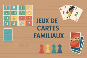 Jeux de cartes familiaux comme Skyjo et Uno présentés sur une table en bois dans une image horizontale.