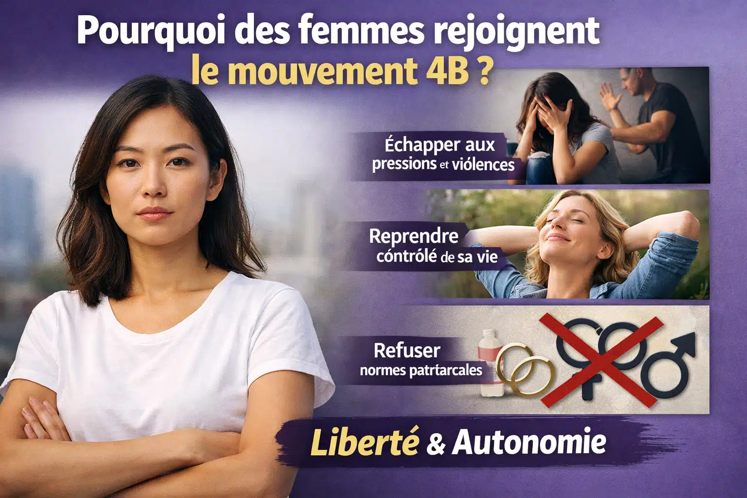 Illustration du mouvement 4B expliquant pourquoi des femmes rejoignent ce mouvement féministe pour plus de liberté et d’autonomie