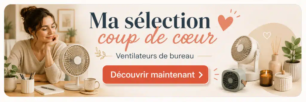 Bannière présentant une jeune femme avec chignon et des ventilateurs de bureau dans une ambiance de bureau cosy