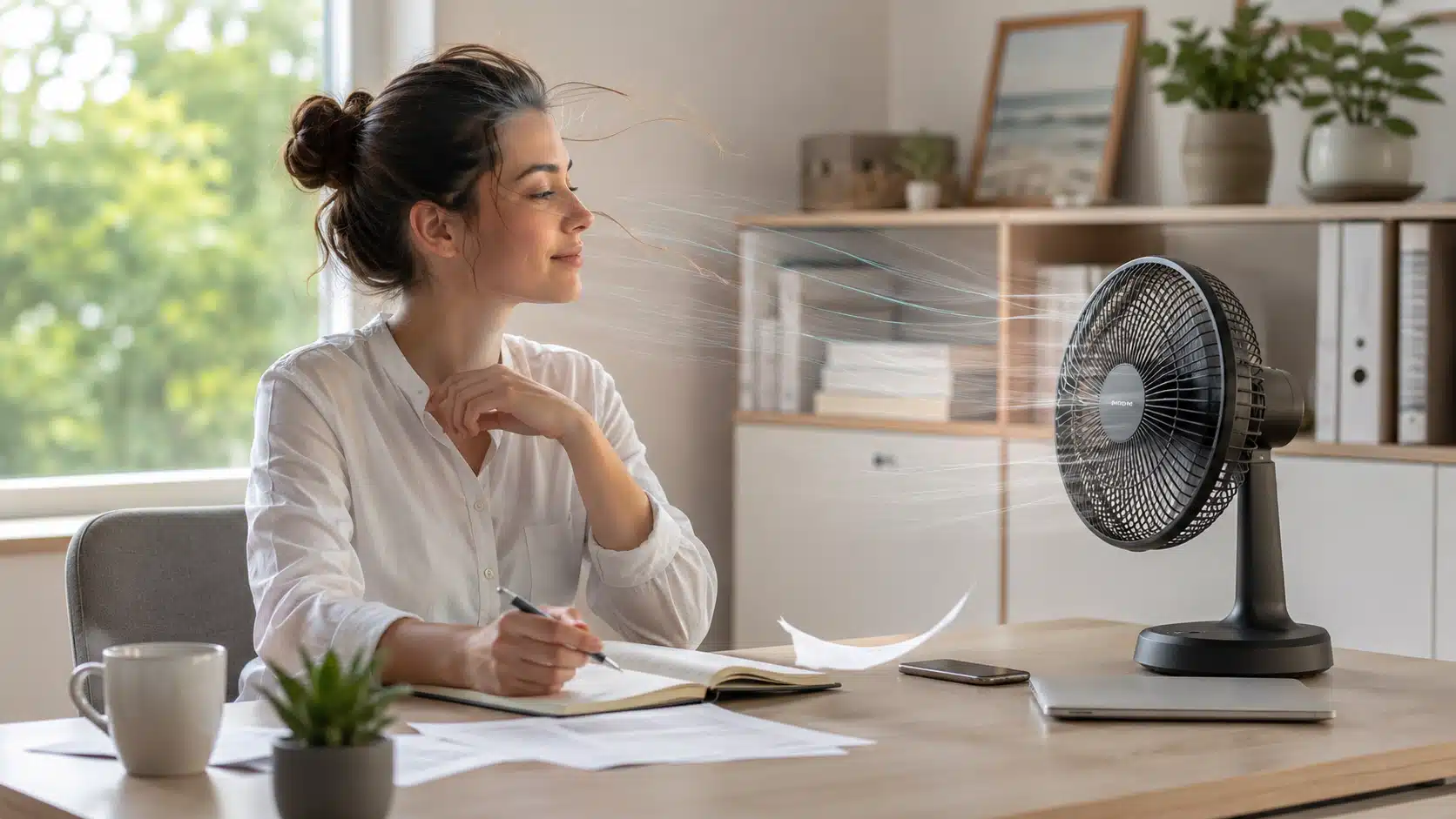 Jeune femme brune avec un chignon utilisant un ventilateur de bureau silencieux dans un bureau lumineux