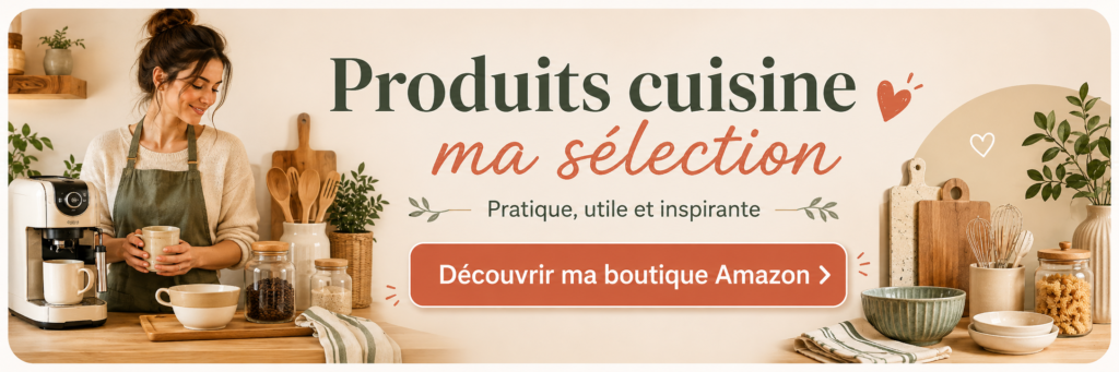 Bannière horizontale présentant une sélection de produits cuisine avec bouton vers une boutique Amazon