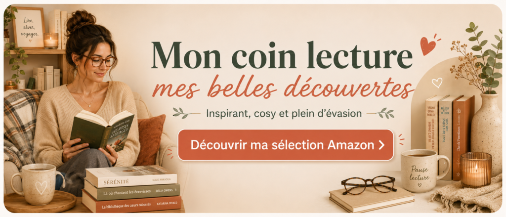 Mon coin lecture cosy avec une jeune femme brune à lunettes lisant un livre et une sélection de livres Amazon