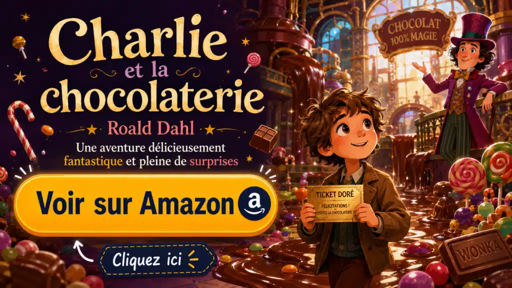 Charlie et la chocolaterie de Roald Dahl, livre jeunesse fantastique avec bouton Amazon visible