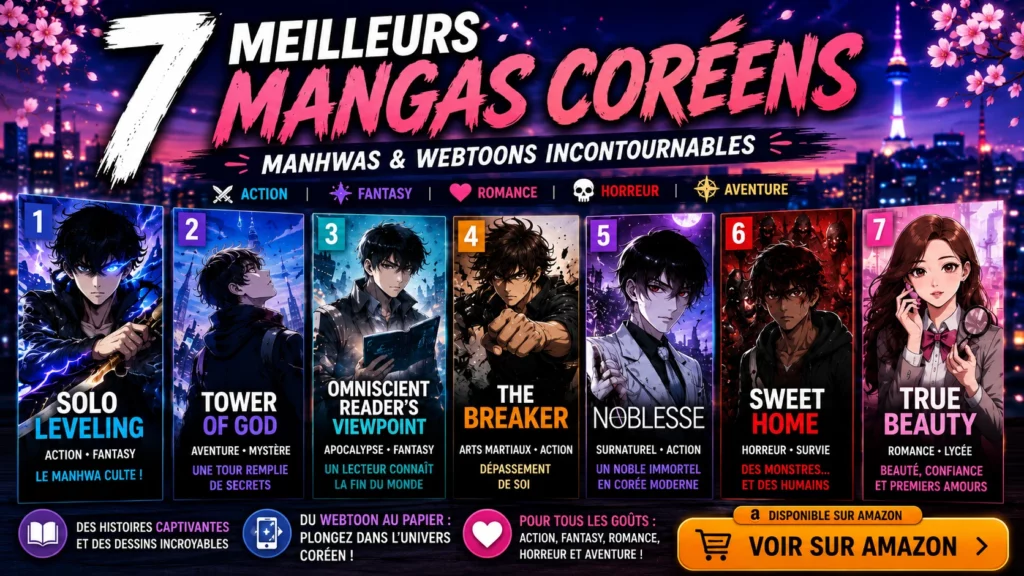 Découvrez les meilleurs mangas coréens à lire absolument, avec une sélection de manhwas incontournables mêlant action, fantasy, romance, horreur et aventure.